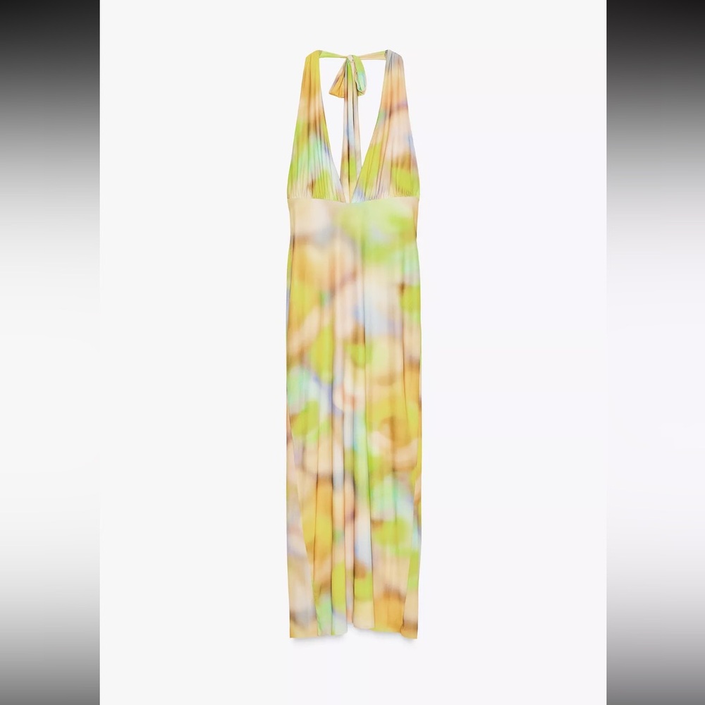 Zara Multicolored Printed Tulle Midi Halter Dress